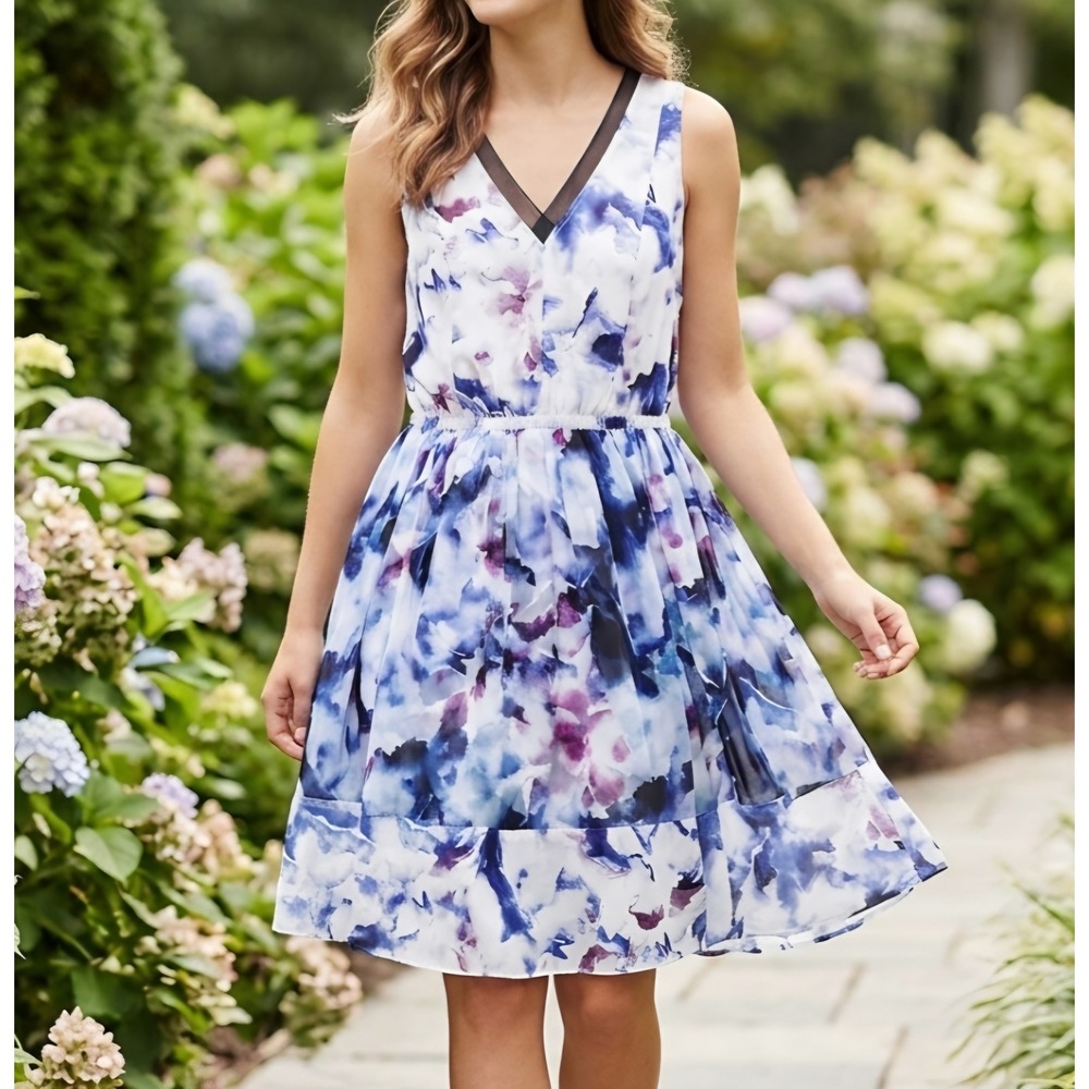 Simply Vera Vera Wang Floral Watercolor V-Neck‎ Dress Blue Purple Mesh Trim M